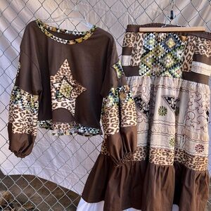 Brown Patchwork Top and Skirt Set Maxi.